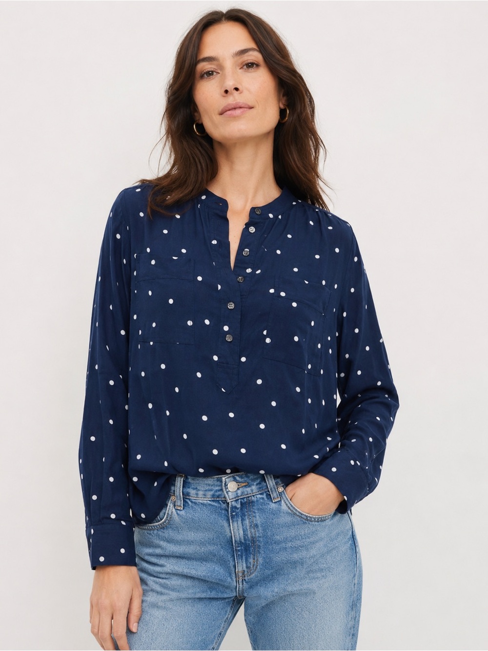 J. Crew Silk Navy and White Polka Dot Blouse Size 10